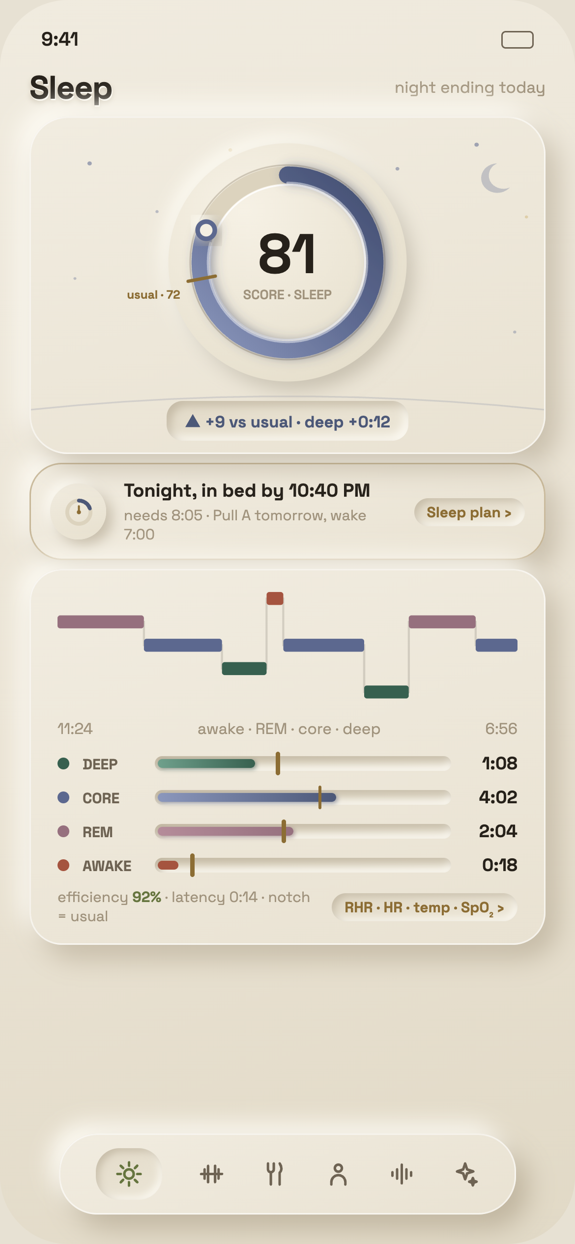 Velisa Sleep design preview with example sleep stages and night metrics.